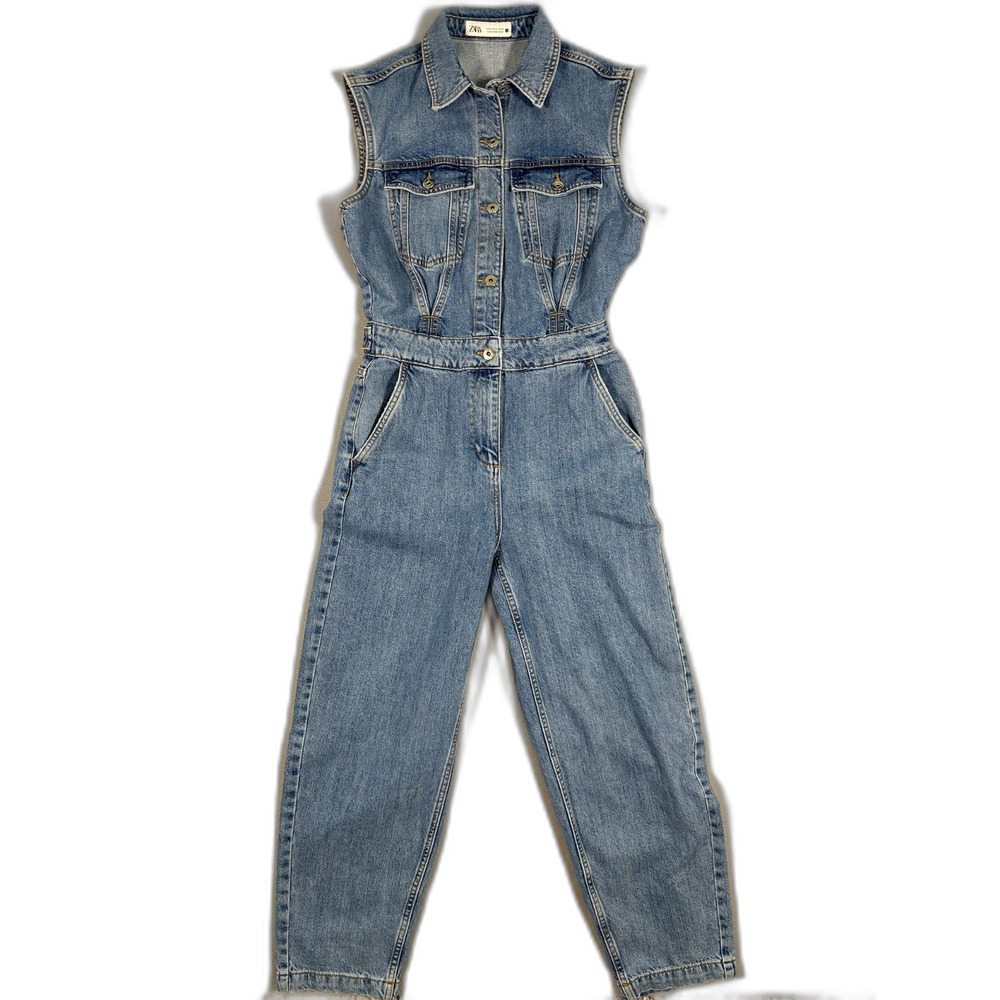 Zara Z1975 Balloon Leg Denim Jumpsuit Blue Utility One Piece Women's Sz Small